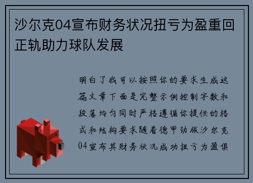 沙尔克04宣布财务状况扭亏为盈重回正轨助力球队发展