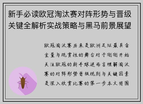 新手必读欧冠淘汰赛对阵形势与晋级关键全解析实战策略与黑马前景展望