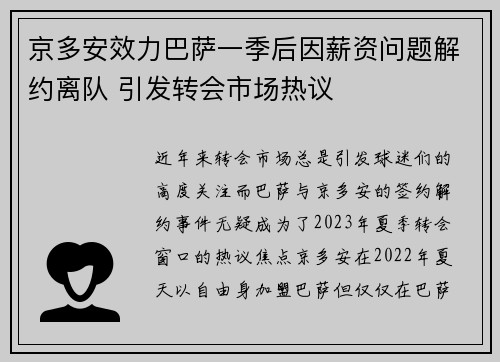 京多安效力巴萨一季后因薪资问题解约离队 引发转会市场热议